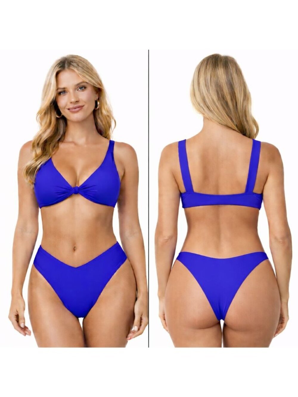 B14🆕Large Royal Blue Bikini V Neck Knot Front Push Up High Cut Cheeky Bottom
